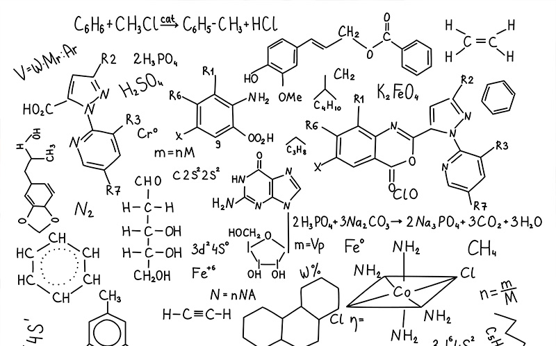 Hand-drawn organic chemistry formulas, reaction pathways, and molecular structures.